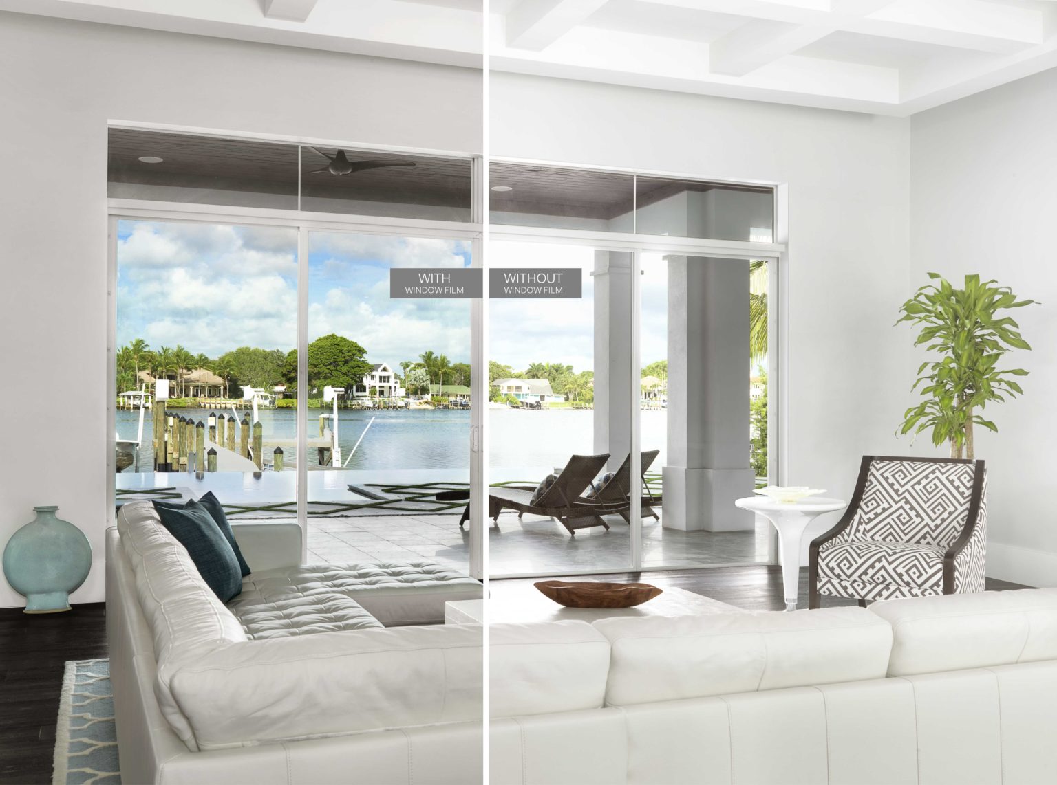 Picture divided in half comparing a room with and without window film