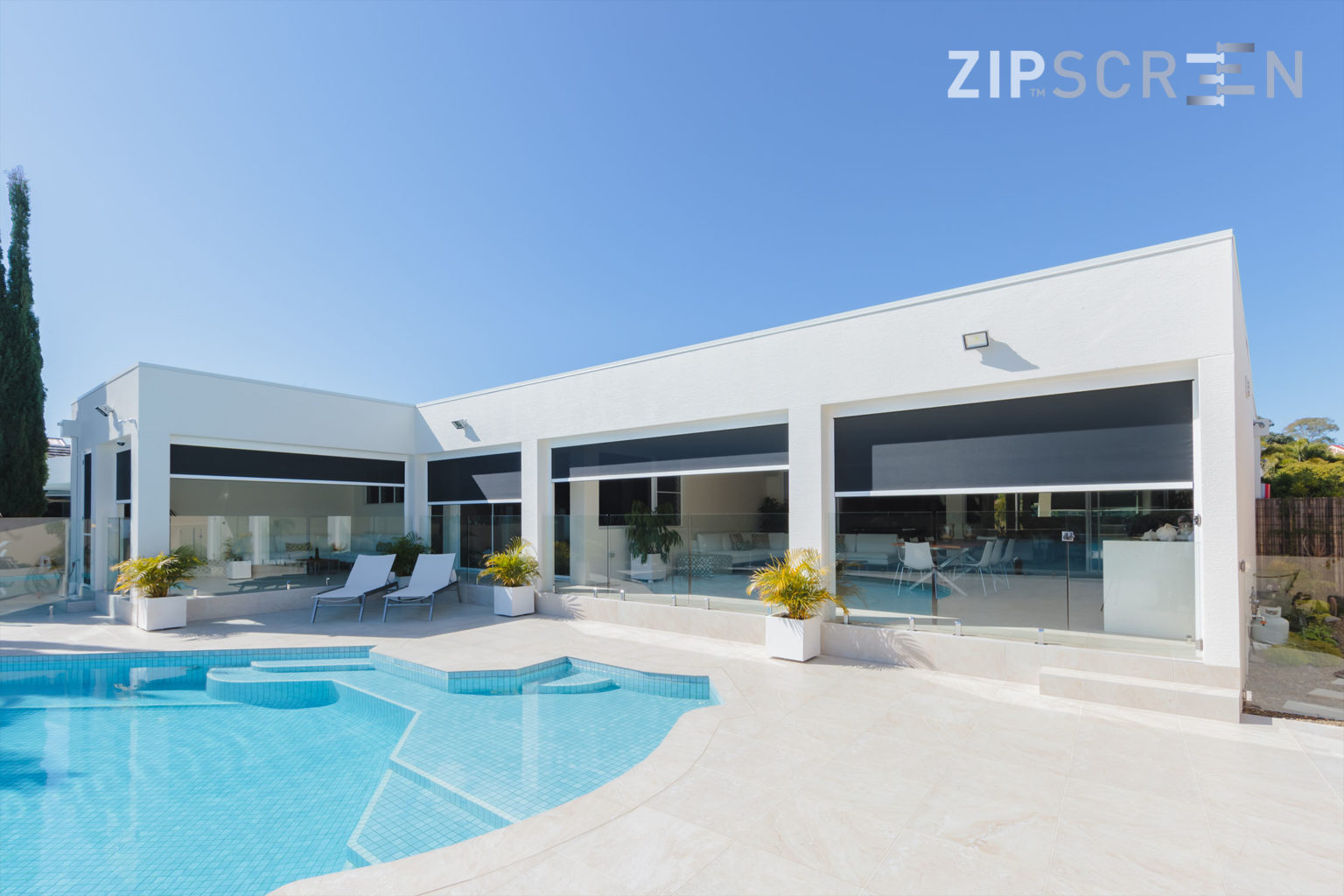 Outdoor shades on White House with pool